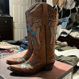 Brown and Turquoise Western Boots